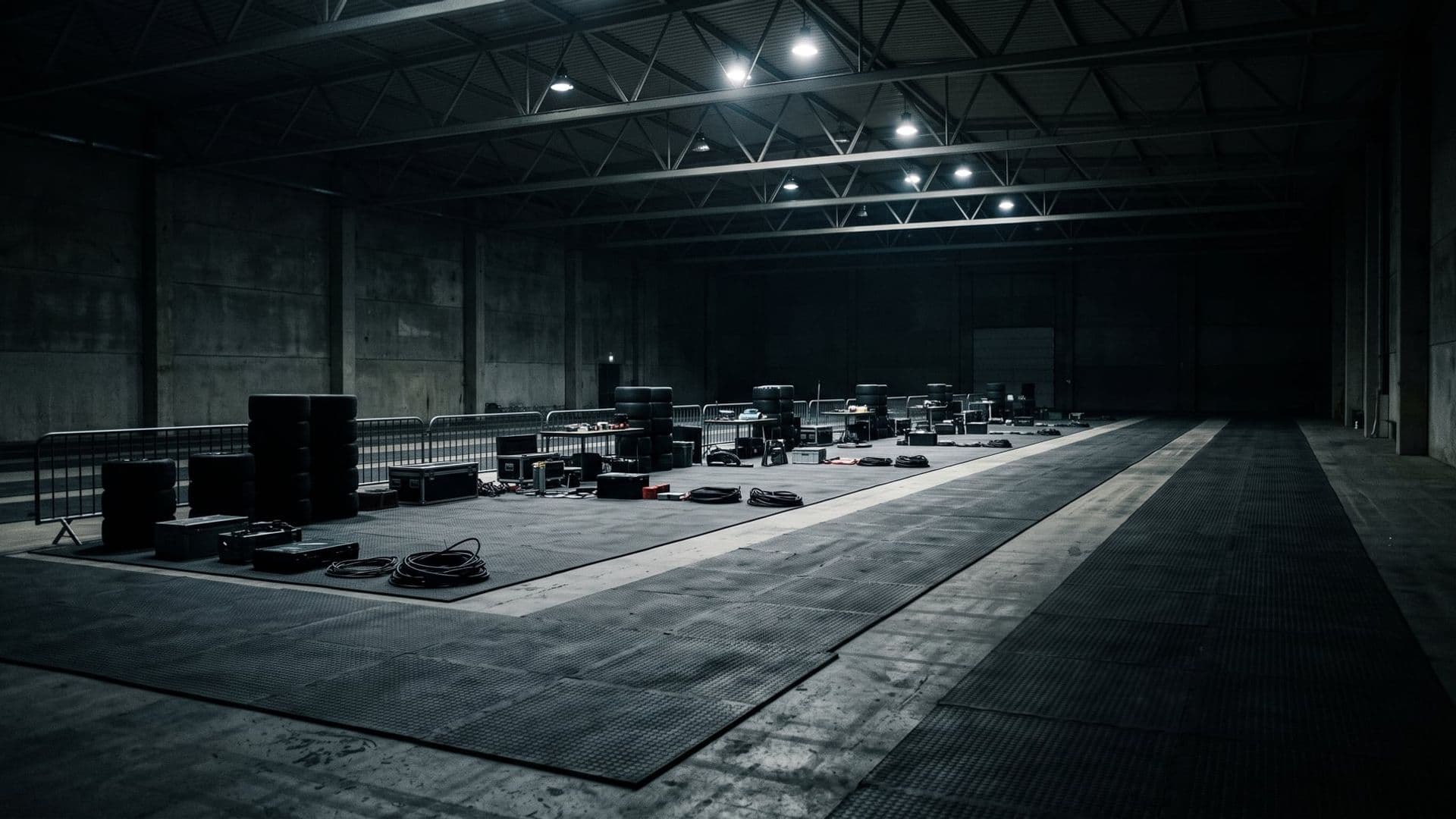 A wide empty indoor event hall before racing begins, rubber matting laid out in lanes, unbranded equipment staged in rows, cold hard overhead light