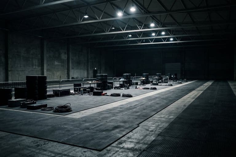 A wide empty indoor event hall before racing begins, rubber matting laid out in lanes, unbranded equipment staged in rows, cold hard overhead light