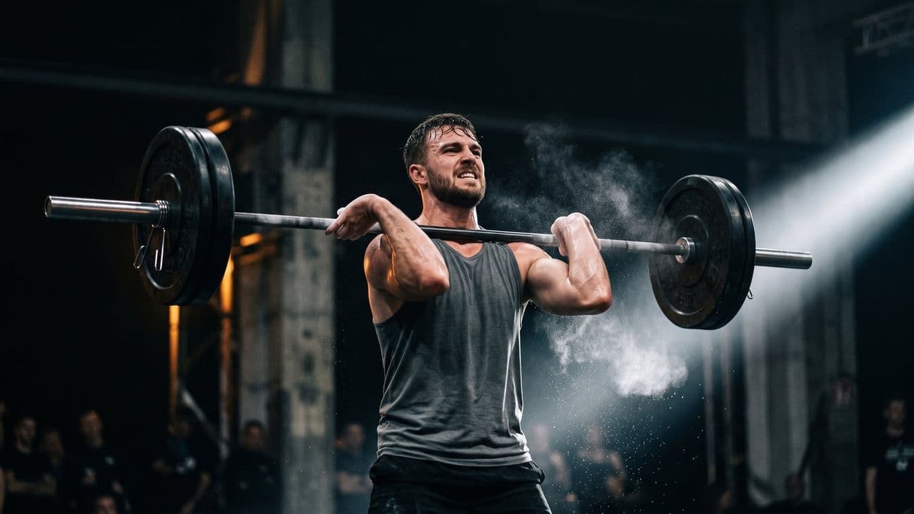 An athlete at the top of a heavy barbell clean in a dark hall, elbows driven through, chalk dust in the air catching the side light
