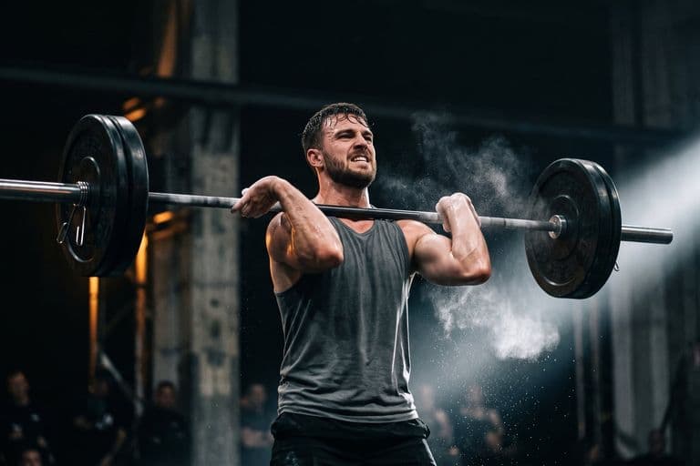 An athlete at the top of a heavy barbell clean in a dark hall, elbows driven through, chalk dust in the air catching the side light