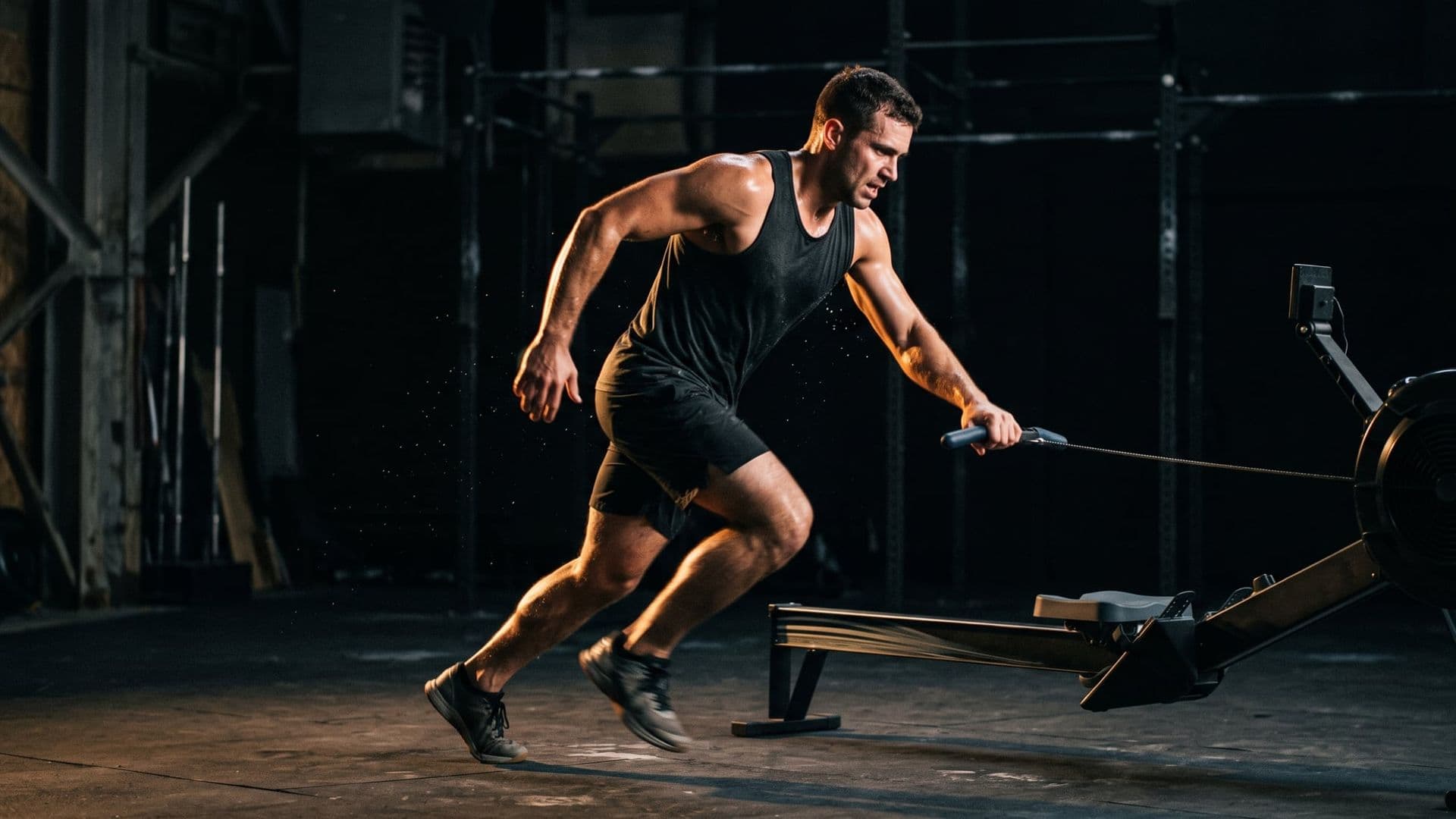 An athlete stepping off a rowing machine straight into a run, mid-transition, one hand still on the handle, motion in the legs