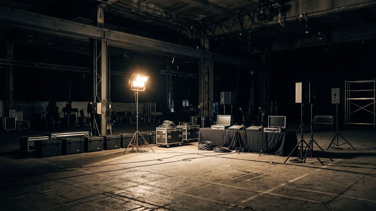 An empty dark indoor hall with unbranded equipment staged and ready, a single work light on, nobody present, quiet before an event