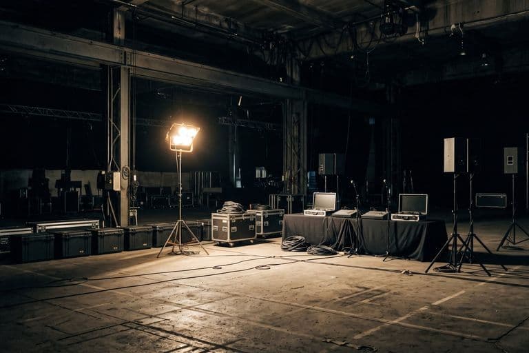 An empty dark indoor hall with unbranded equipment staged and ready, a single work light on, nobody present, quiet before an event