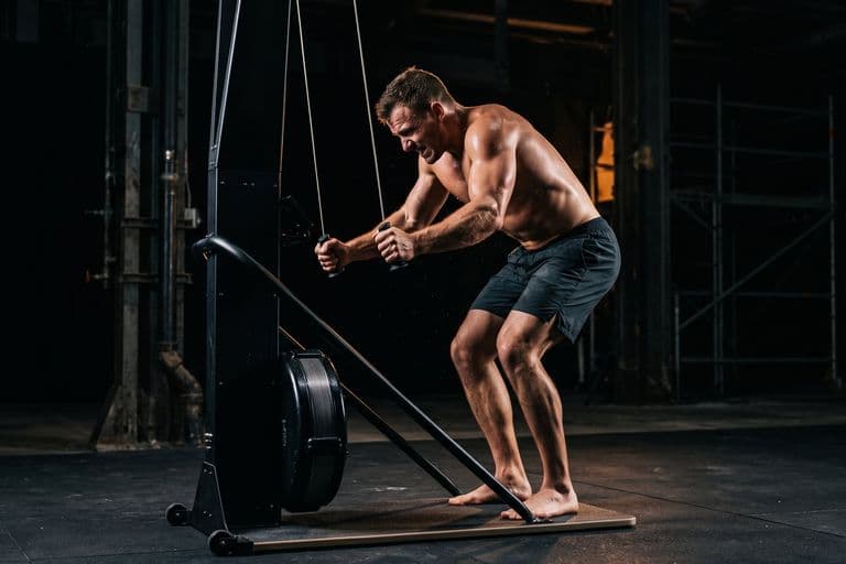 An athlete deep into a ski-erg pull, arms driving down past the hips, whole body committed, hard rim light and near-black background