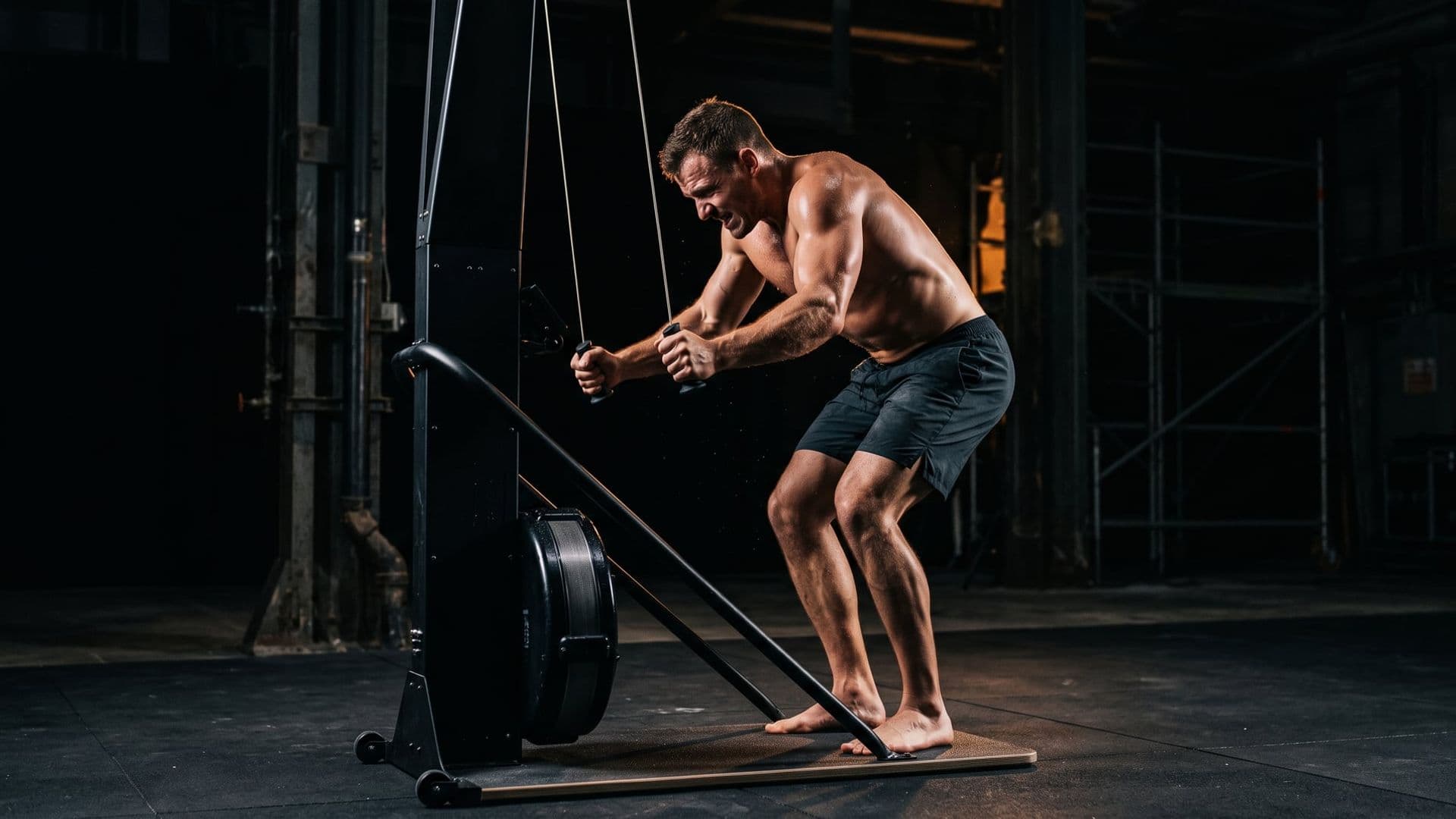 An athlete deep into a ski-erg pull, arms driving down past the hips, whole body committed, hard rim light and near-black background