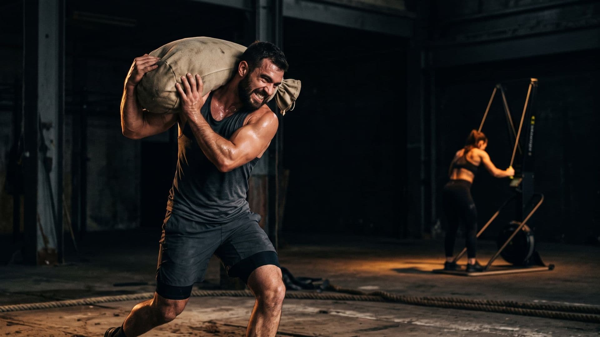 A dark hall with an athlete shouldering a heavy unmarked sandbag, another on a ski erg deep in the background, both separately lit