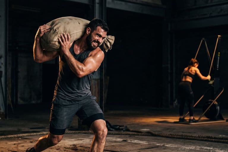 A dark hall with an athlete shouldering a heavy unmarked sandbag, another on a ski erg deep in the background, both separately lit