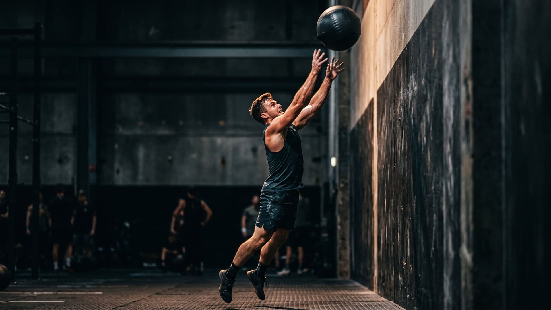 An athlete mid-wall-ball throw with a heavy medicine ball at full extension overhead, hard side light, dark hall behind