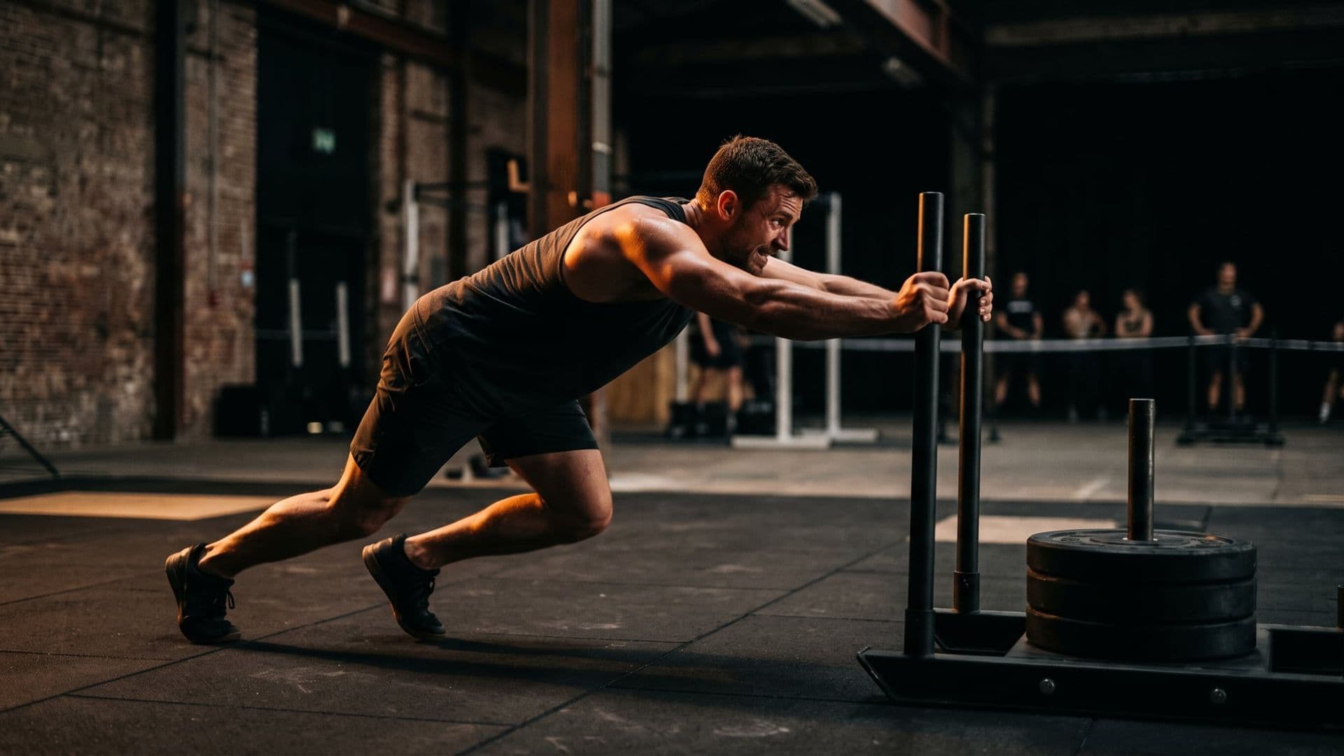 A powerful athlete driving a heavily loaded sled across rubber matting, body low and almost horizontal, arms locked out, feet mid-stride