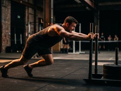 A powerful athlete driving a heavily loaded sled across rubber matting, body low and almost horizontal, arms locked out, feet mid-stride