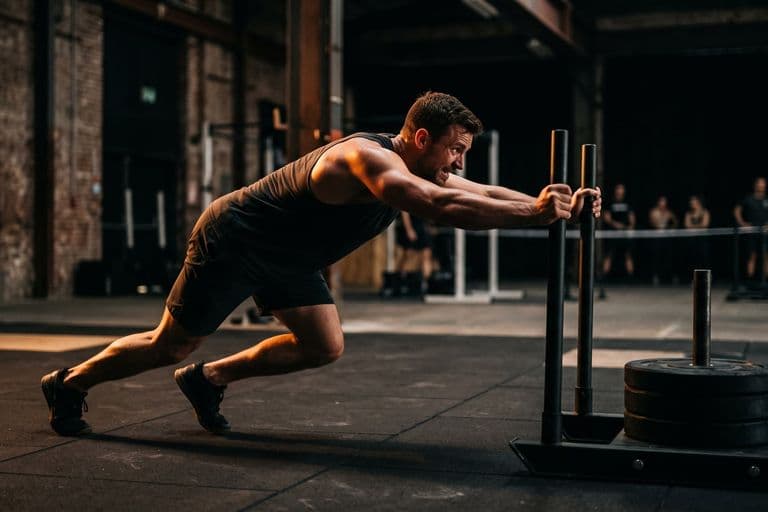 A powerful athlete driving a heavily loaded sled across rubber matting, body low and almost horizontal, arms locked out, feet mid-stride
