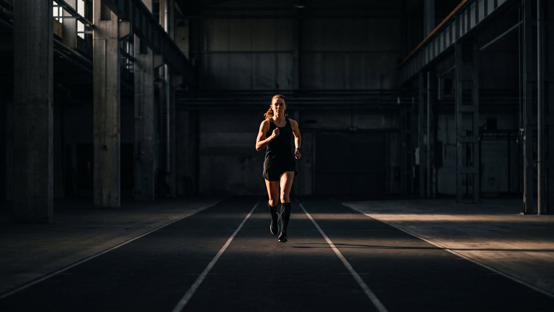 An athlete running alone on a marked indoor course in a dark hall, seen head-on at distance, deliberately controlled rather than sprinting