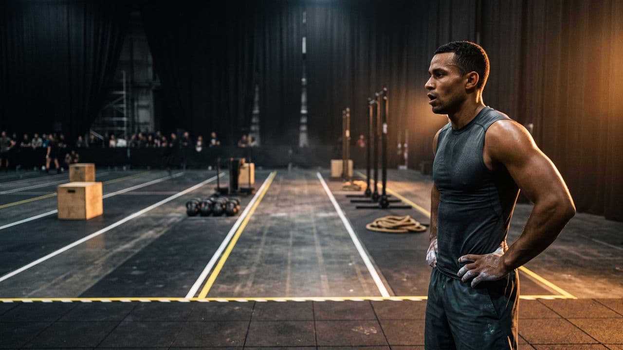 An athlete standing at the edge of a dark arena floor, chalked hands on hips, looking out across the course