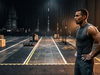 An athlete standing at the edge of a dark arena floor, chalked hands on hips, looking out across the course