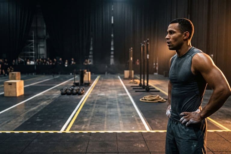 An athlete standing at the edge of a dark arena floor, chalked hands on hips, looking out across the course