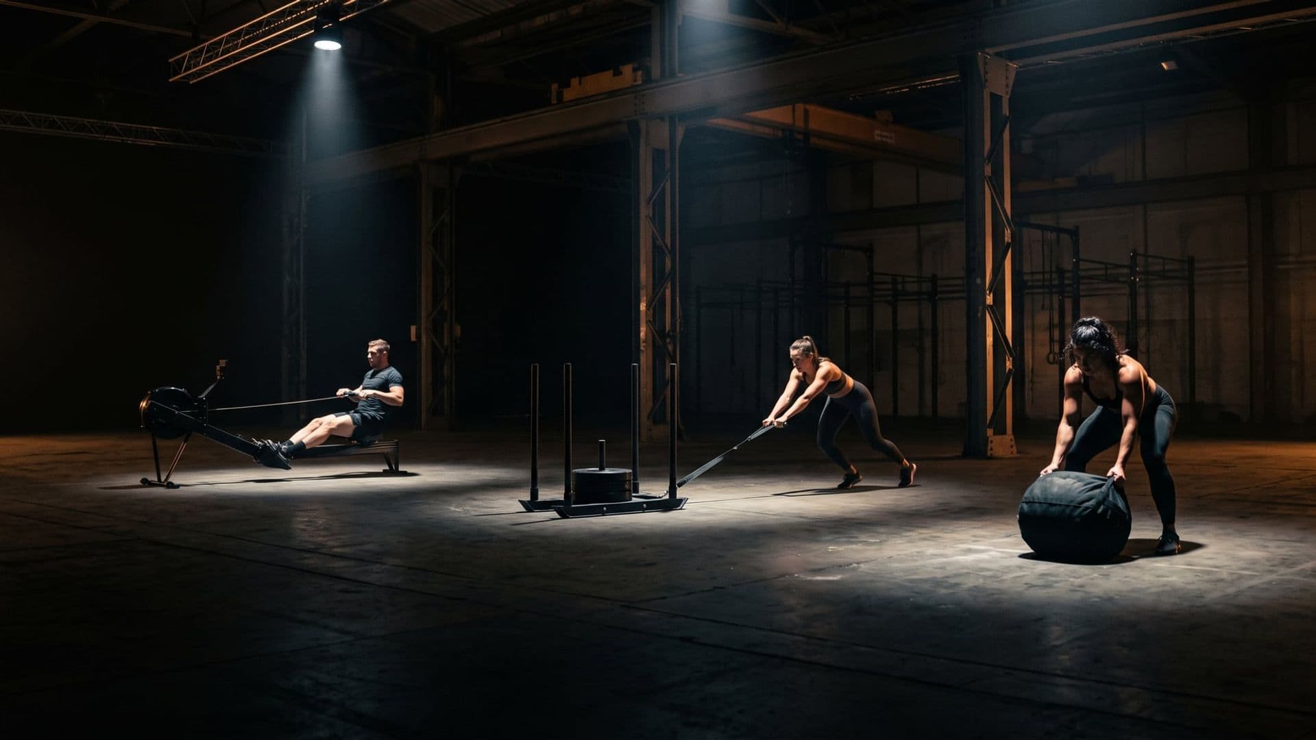 A wide view of a dark indoor hall with several athletes working at spaced unbranded stations — a rower, a sled, a sandbag — pools of hard light on each