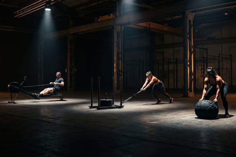 A wide view of a dark indoor hall with several athletes working at spaced unbranded stations — a rower, a sled, a sandbag — pools of hard light on each