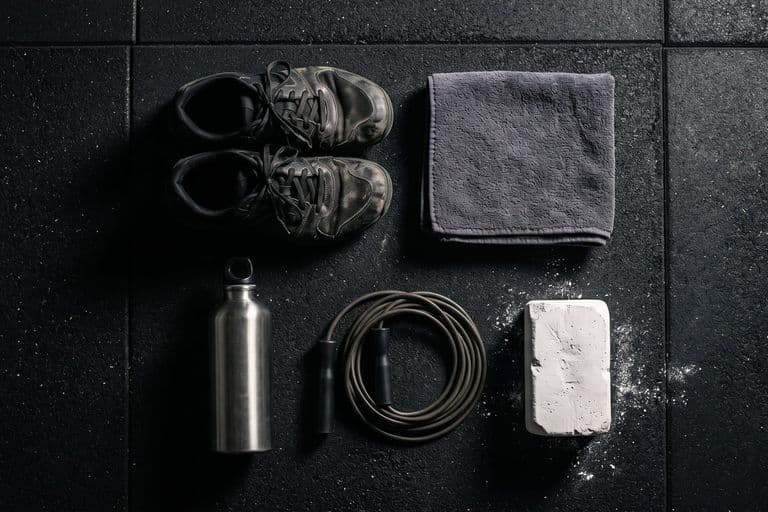 A flat overhead view on dark rubber matting of a kit layout: worn training shoes, a folded towel, a water bottle, a skipping rope, chalk. No people, no packaging