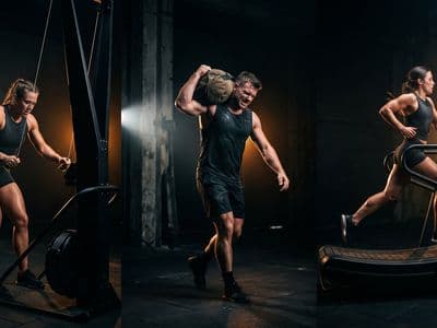 Three athletes at three different unbranded stations in one dark frame, each lit separately, suggesting a choice between formats
