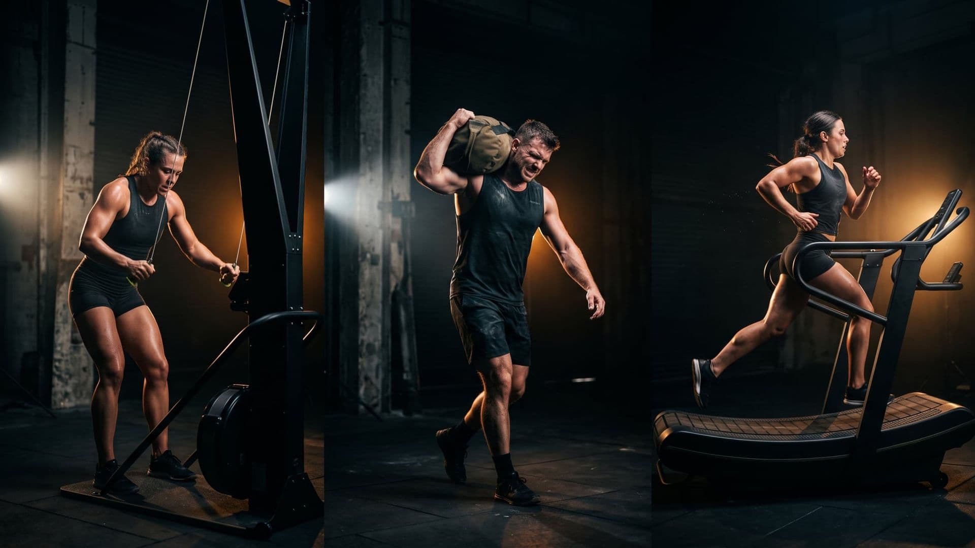 Three athletes at three different unbranded stations in one dark frame, each lit separately, suggesting a choice between formats