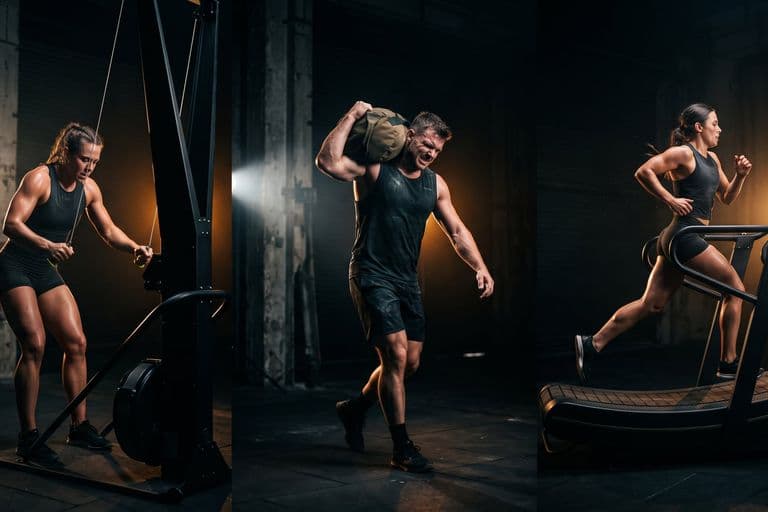 Three athletes at three different unbranded stations in one dark frame, each lit separately, suggesting a choice between formats