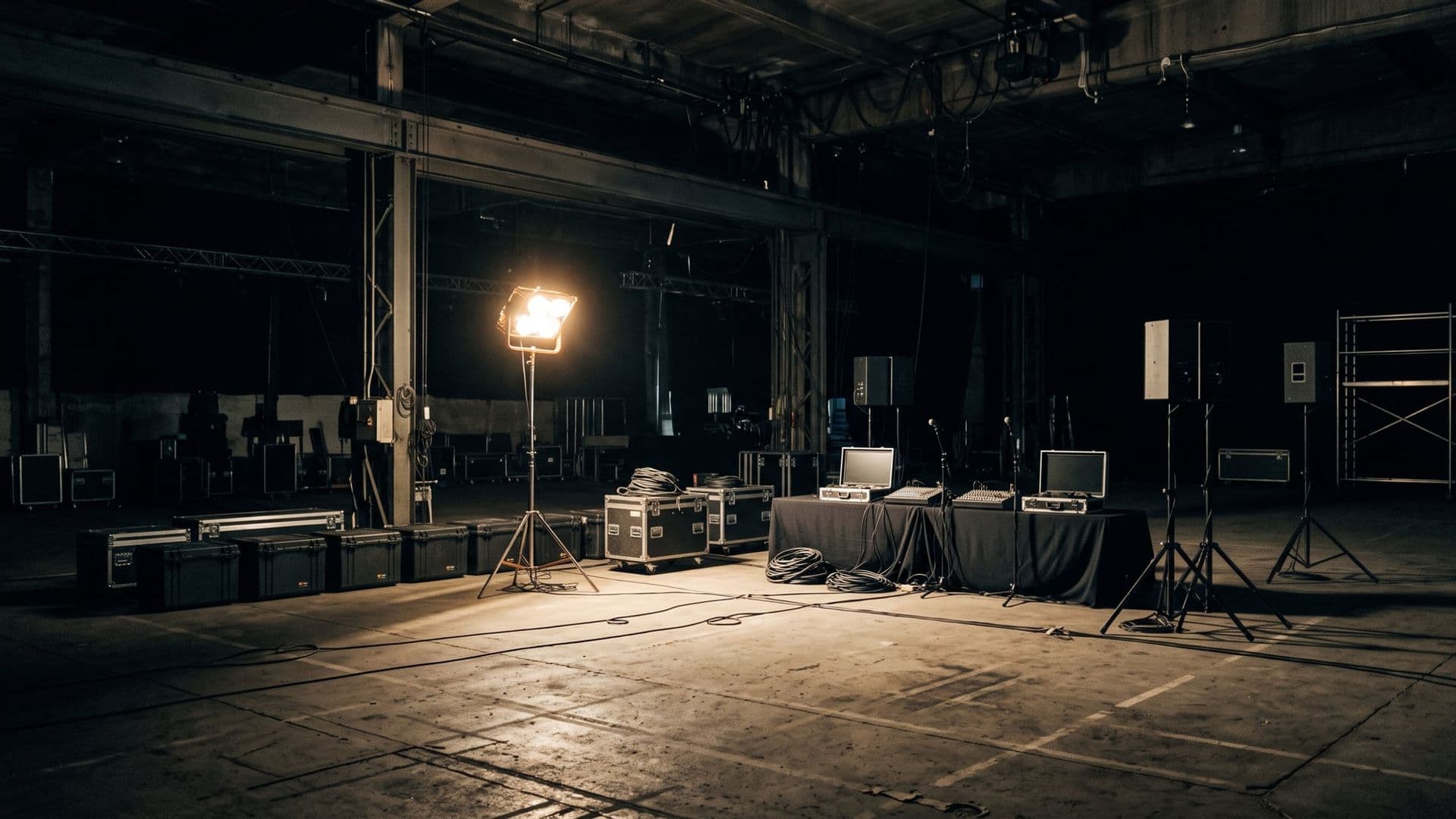 An empty dark indoor hall with unbranded equipment staged and ready, a single work light on, nobody present, quiet before an event