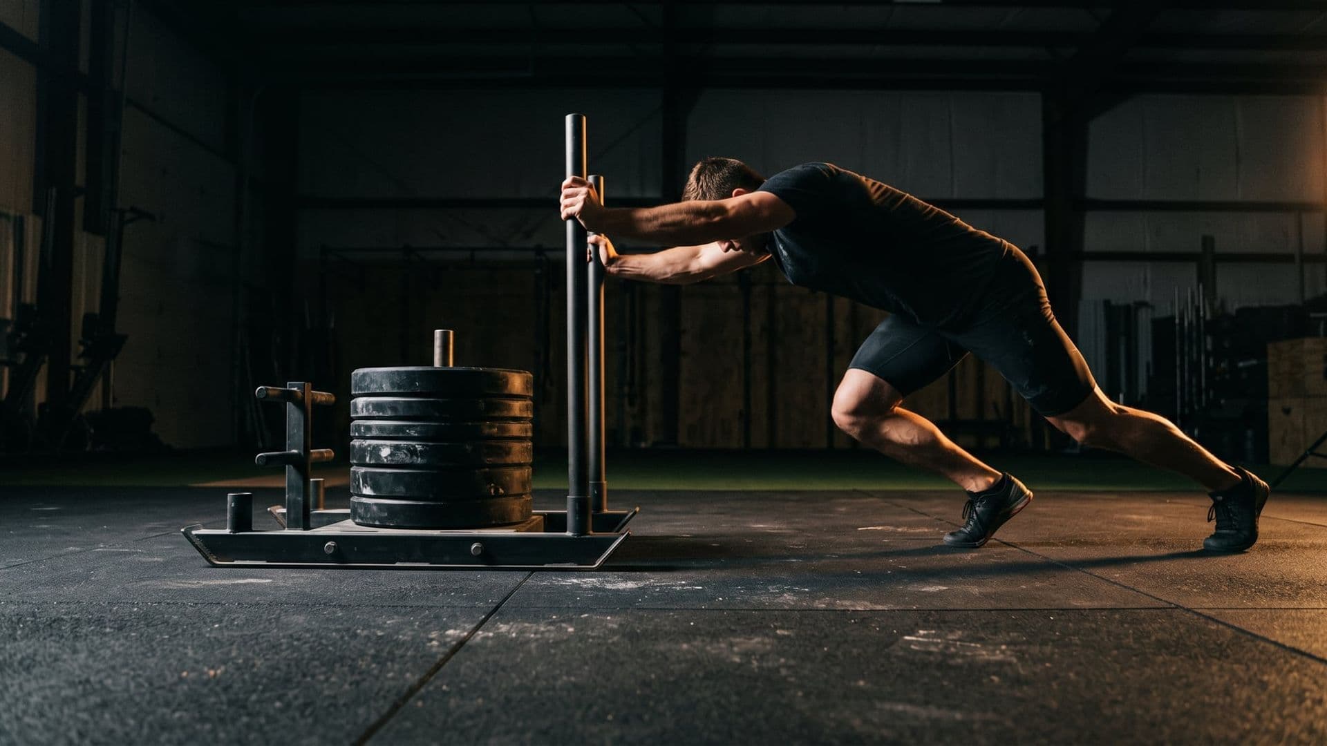 A tight low ground-level view of a loaded sled and an athlete's driving legs and locked arms, body angle almost horizontal, matting texture sharp