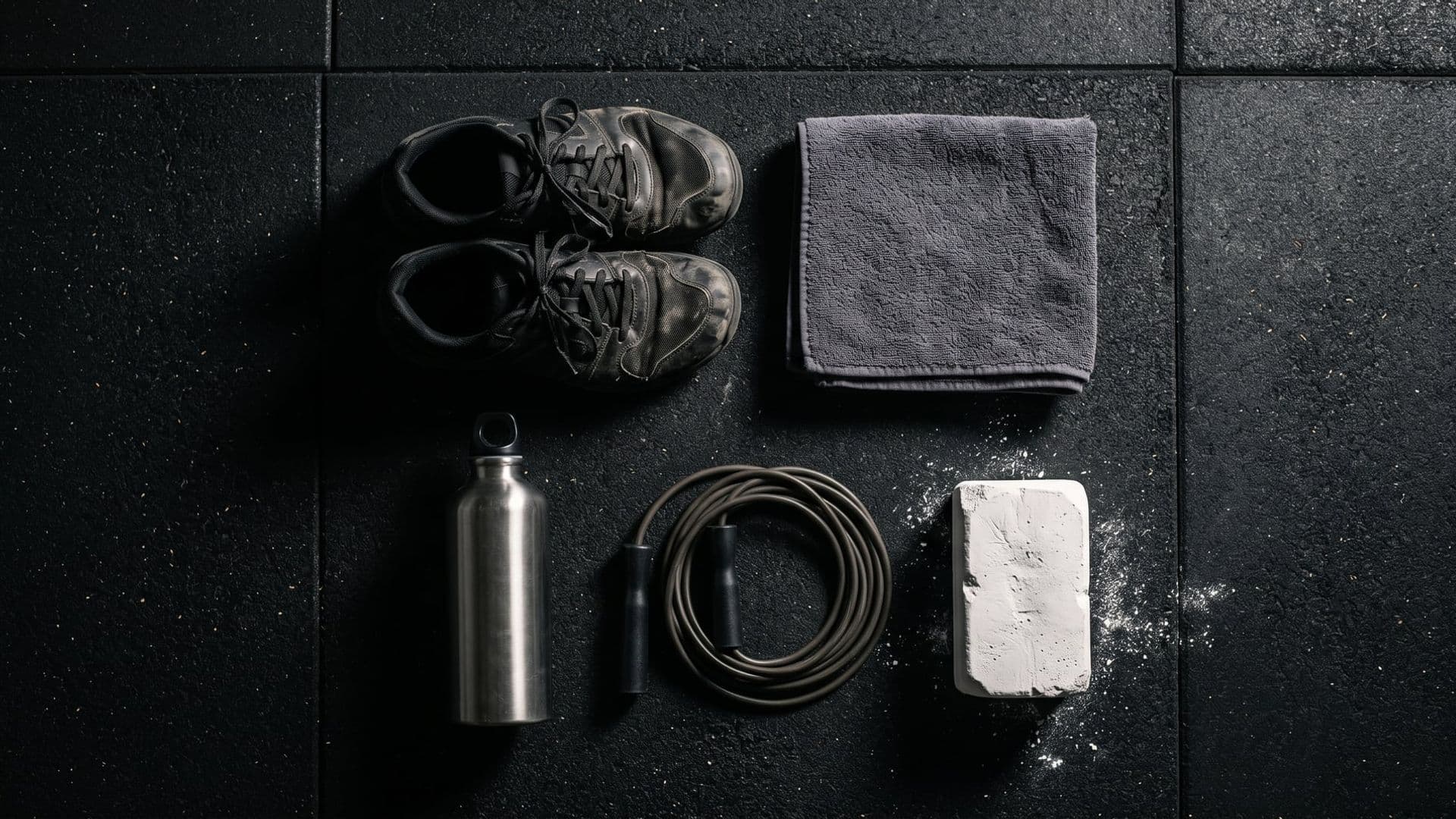 A flat overhead view on dark rubber matting of a kit layout: worn training shoes, a folded towel, a water bottle, a skipping rope, chalk. No people, no packaging